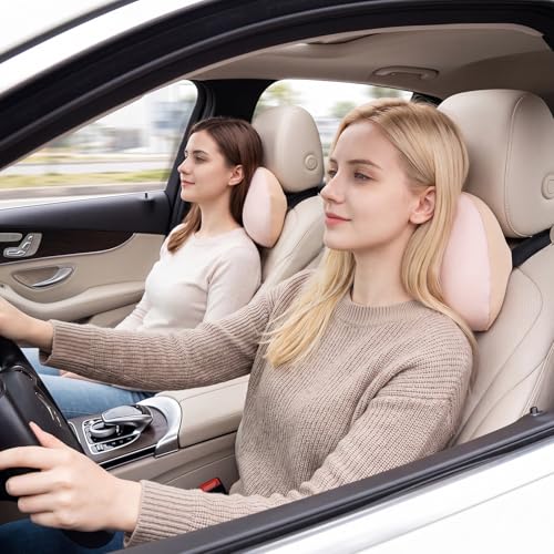 Macarrie 2 Pack Car Neck Pillow Memory Foam Headrest Pillow Car Seat Neck Cushion Ice Silk Decorative Support Accessories for Driving Travel Office Airplane Commute (Pink) Pink