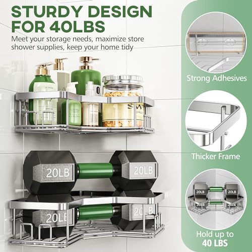 MAXIFFE 3 Pack X-Large Corner Shower Caddy with Soap Holder, Large Capacity Sturdy Easy Install No Drilling Stainless Steel Hold 40 LB Shower Organizer Shelves Rack for Family Renters Bathroom, Silver Silver XL - 3 Pack