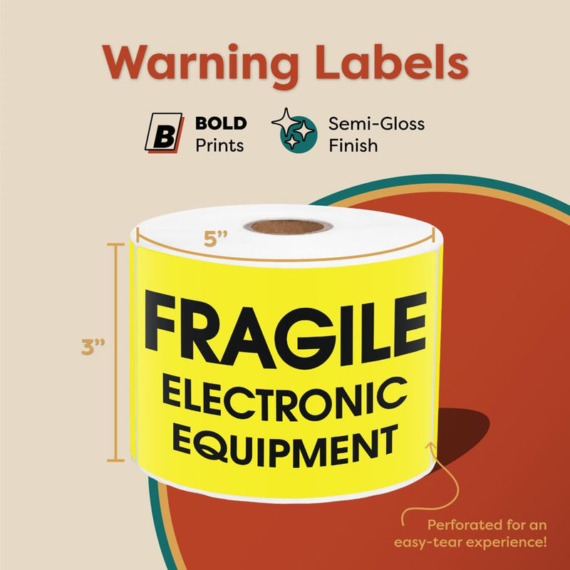3" X 5" Fragile Electronic Equipment Shipping Stickers (500 Stickers, 1 Roll) Water-Resistant Permanent Adhesive Packing and Moving Labels for Boxes - Aegis Adhesives Yellow (Fragile Electronic Equipment)