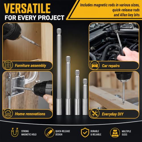 Bit Extension & Bit Holder Magnetic 1/4 Inch for Drills | 4 x hexagonal extensions 60-200 mm, 3 x self-locking 60-150 mm, 8 x bits H1.5-H6, variable length dimensions