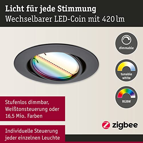Paulmann 92468 LED Recessed Light Base Smart Home Zigbee Basic Set Swivelling Round 230 V 3 x 4.9 W 3 x 420 lm Dimmable 90 mm Black Matt Metal RGBW+