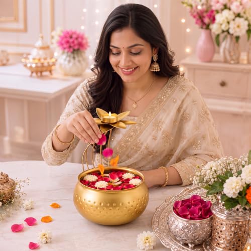 LemonRoad Diwali Urli Bowl with Lotus Tealight Candle Holder 10 Inch