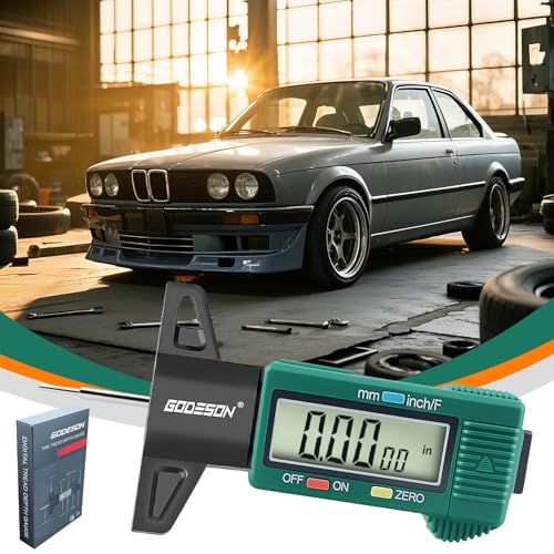 GODESON digital tire tread depth gauge with large LCD, green body, and inch, millimeter, and fraction readings