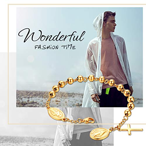 Flongo Cross Rosary Beads Bracelet, Vintage Stainless Steel Jesus Christ Crucifix Cross Bracelet for Men Women Christmas Wedding Gold