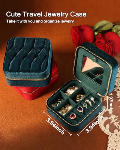 Velvet Jewelry Box – Travel Jewelry Case Organizer with Mirror, Adjustable Compartments for Women | Luxury Storage Case & Gift for Her - RubyRed
