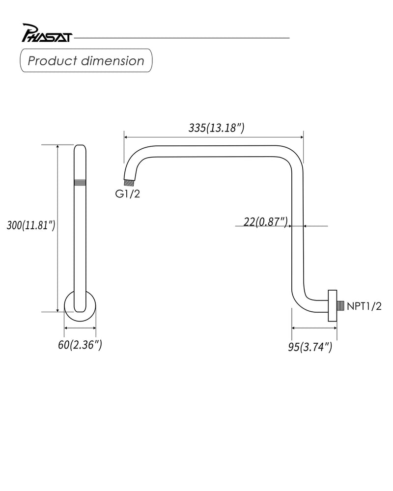 PHASAT S Shaped Shower Arm with Flange,High Rise Shower Head Extension Arm Chrome,PU9D02 Round-Standard