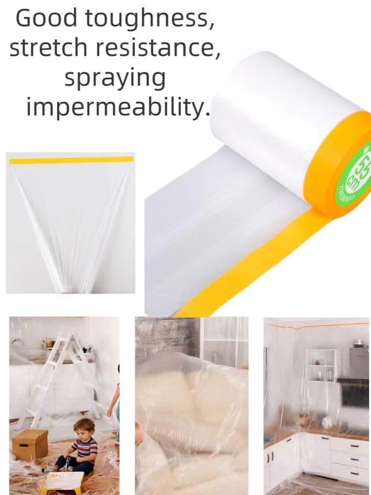Pre-Glued Masking Film 22" x 65' (550mm x 20m), Plastic Covers for Painting, Taping, and Curtains, Plastic Sheets for Cars, Floors, Appliances, Windows, and Furniture, 3 Rolls