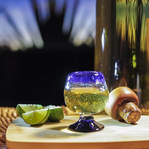 Authentic Mexican Tequila Hand Blown Shot Glasses - Set of 4-2 oz - Mini Glass Snifters - Heavy Base - Cognac (Cobalt Blue Rim) Cobalt Blue Rim