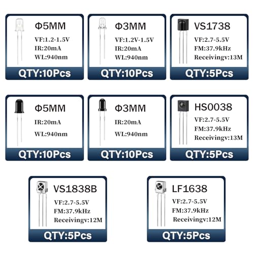 Infrared LED Diode IR Receiver and Emitter Diodes Set LED Infrared Emission and Receiver 3 mm 5 mm 940 nm Infrared Transmitter 1838 1738 0038 1638 Infrared Receiver Infrared Diode Kit Pack of 60