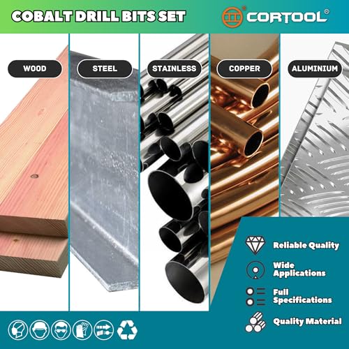 1/2 inch Cobalt Drill Bits (6Pcs), M35 HSS Metal Jobber Length Twist Drill Bit Set for Hard Metal, Stainless Steel, Iron, Copper, Aluminium, Brass, Plastic & Wood 6 1/2 Inch