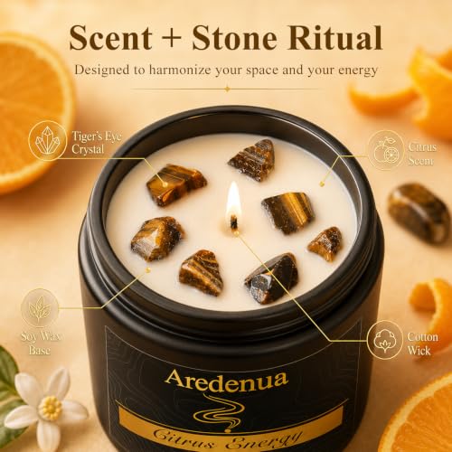 Citrus Scented Candle with Tiger's Eye Crystals, Gift for Women Men Black-Heal Black-H2