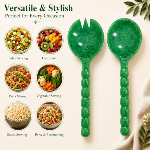 SS CRAFTS INDIA Premium Resin Salad Server Set (2 Pcs, 11.5-Inch) – Elegant Beaded Handle Serving Spoon & Fork, Kitchen Utensils for Salad, Pasta & Fruits, Unique Housewarming & Wedding Gift – Green