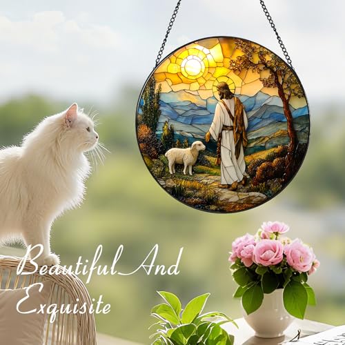 Stained Glass Jesus Suncatcher - 7.9" Real Glass Good Shepherd & Lamb Mountain Window Hanging, Weatherproof Christian Religious Decor, Sympathy Easter Memorial Gift for Mom Women Ivory