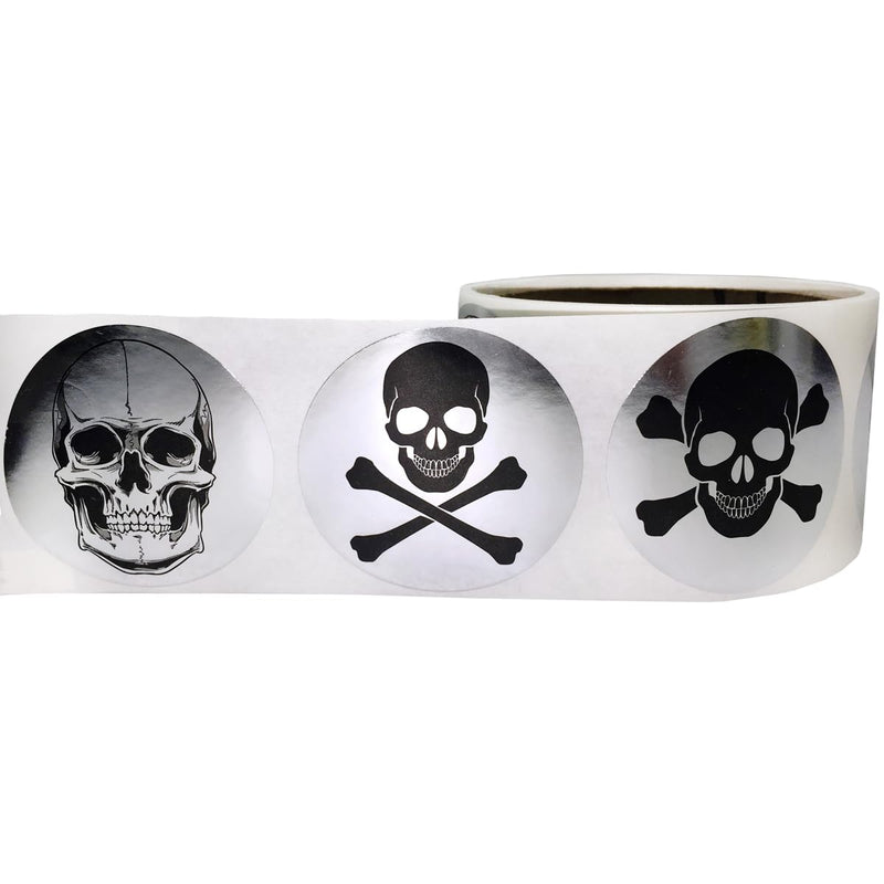 Silver Skull and Crossbones Stickers – 2 Inch Round Labels, 100 Total Adhesive Stickers on a Roll for Crafts, Party Favors, Decorations, and Packaging – Made in the USA