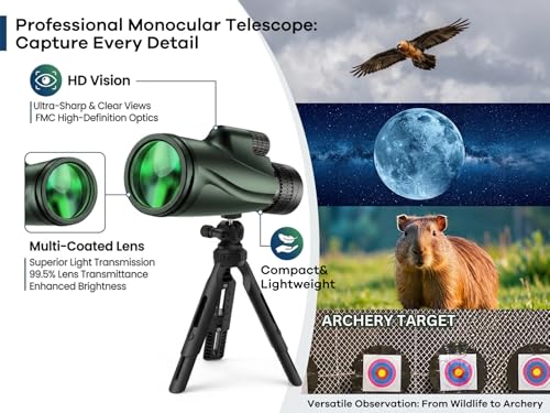 Monocular Telescope 80 x 100 High Powered Monoculars for Adults with Tripod, Monocular for Smartphone Suitable for Bird Watching Larger Vision Monoculars for Adults with BAK4 Prism & FMC Lens Green