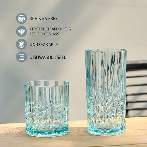 BELLAFORTE Shatterproof Tritan Plastic Short Tumbler, Set of 4, 13oz - Myrtle Beach Unbreakable Crystal Cut Old Fashioned Drinking Glasses for Whiskey - BPA Free - Dishwasher Safe - Teal