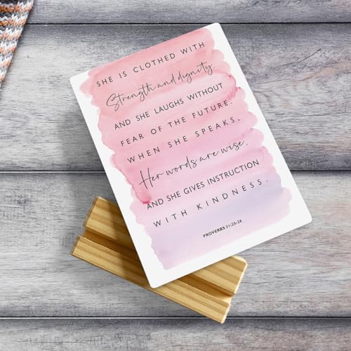 MUBIAO Inspirational Bible Verse Rustic Wooden Plaque with Stand, Proverbs 31:25-26, 4x5 Inches, Wood Material Multicolor459