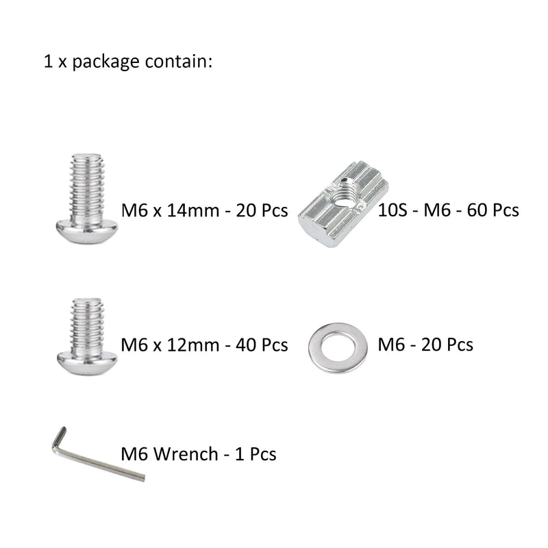 [Australia - AusPower] - 140Pcs 1010 Aluminum Extrusion M6 Hardware T Slot Nut and Bolt Screw, 40Pcs M6x12, 20Pcs M6x14 and Washers, 60Pcs 10 Series Extruded T Slide Nut for 1010 1020 2525 Extrusion Accessories 