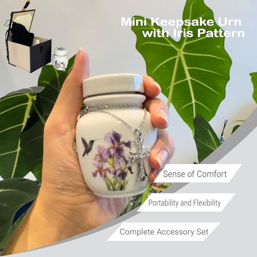 Mini Cremation Urn with Hummingbird and Iris Flower Design, White Ceramic Memorial Keepsake with Cross Necklace