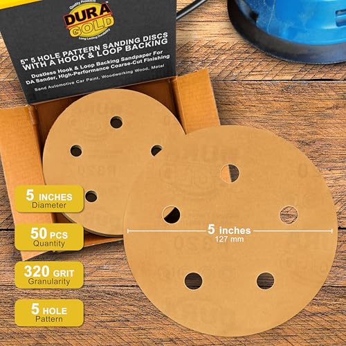 Dura-Gold 5-inch 320 grit gold hook and loop sanding discs, 5-hole pattern, box of 50