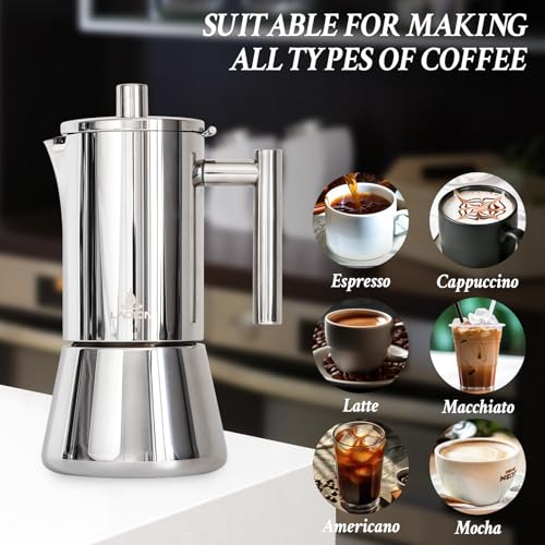 LAOION Stovetop Espresso Maker, 6Cup 10 oz Moka Pot, Stainless Steel Silver 6-Cup