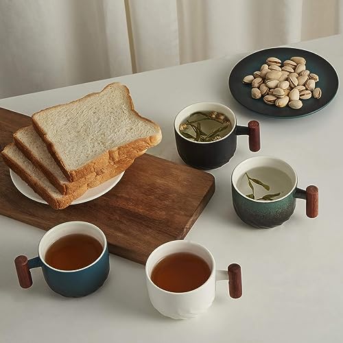 6oz Ceramic Espresso Cups with Wooden Handle, Small Coffee Cups for Latte Cappuccino, Tea Cups Set of 4 Black 6oz