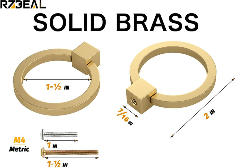 RZDEAL 10Pcs 2.0" x 1-7/8" Solid Brass Pulls for Dresser Drawer Ring Pulls Furniture Hardware Brushed Gold Wardrobe Door Handles 10