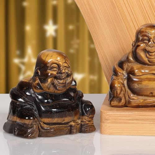 Tiger’s Eye Happy Laughing Crystal Buddha Statue, 1.5 Inch Small Ornament for Home, Mini Buddhism Gift, Carved Buddha Figurine, Good Luck Charm, Pocket Stone