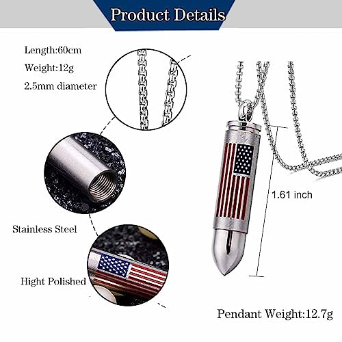 Stainless Steel Bullet American Flag Cremation Ashes Urn Necklace Memorial Pendant Waterproof Jewelry