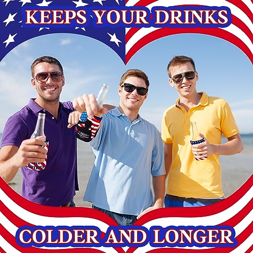 Tenceur 48 Pcs Military Veteran Gifts Patriotic Gift American Flag Bottle Cooler Sleeves Collapsible Insulator Reusable Can Bottle for Veterans Day Memorial Day, 12 oz