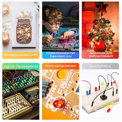 DiCUNO 5 mm LEDs, Round Head LED Diodes Set | LED Diodes Assortment, for Handmade, White, Yellow, Red, Blue, Green, 2 Pin, DIY Projects, Model Making, Lighting Projects 5 x 90 pieces