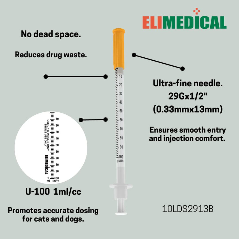 [Australia - AusPower] - Veterinary Insulin Syringe, U-100, 1cc (1ml), 29G x 1/2 inch (12.7mm), Individually Packed, for Pet Cat or Dog, 100 per box, 10LDS2913B 