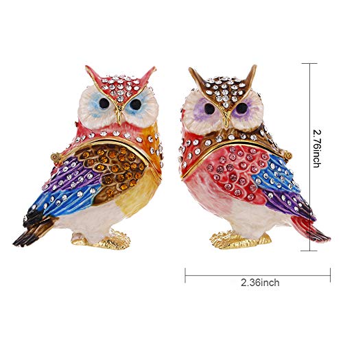 Hand Painted Enamel Couple Owl Trinket Box, Hinged Unique Mini Ring Necklace Jewelry Organizer, Classical Bejeweled Storage, Figurine Collectible Keepsake Home Decor (Couple Owl)
