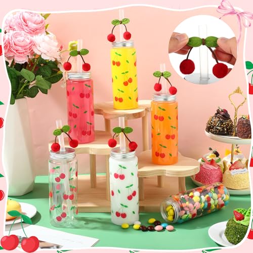 SiliFine 24 Pcs Cherry Cups with Lids Red Cherry Bows Cold Drinking Bottle