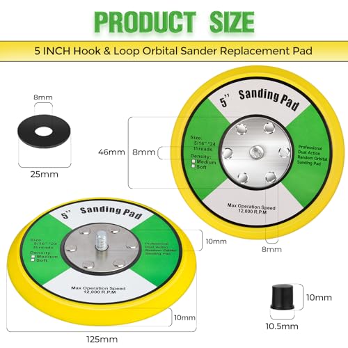 Sanding Disc 125 mm for Random Orbital Sander with 5/16"-24 Thread | Velcro Polishing Pad Replacement 5 Inch Grinder Support Pad for Grinding Machines Polishing Wood Metal (max. 12,000 rpm) 5"/125mm YELLOW
