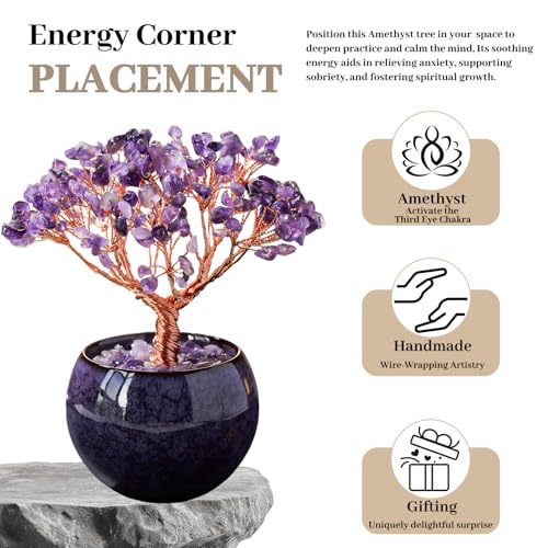 Runyangshi Amethyst Crystal Tree, Natural Tree of Life Gemstone Tree Handcrafted Crystal Gravel Ornament, Spiritual Feng Shui Home Decor, Luck Prosperity Abundance Gift for Women Purple