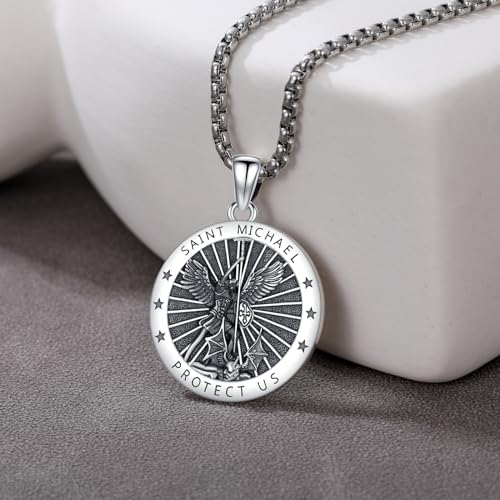 Saint Michael Necklace for Men Women 925 Sterling Silver St Michael Necklace with Stainless Steel Chain St. Michael the Archangel Necklace Saint Michael Pendant Necklace