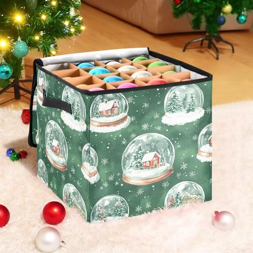 Snow Globe Christmas Ornament Storage Box with Adjustable Dividers Stores up to 64-3 Inch Holiday Ornaments, 13 x 13 Inch Xmas Storage Containers A03
