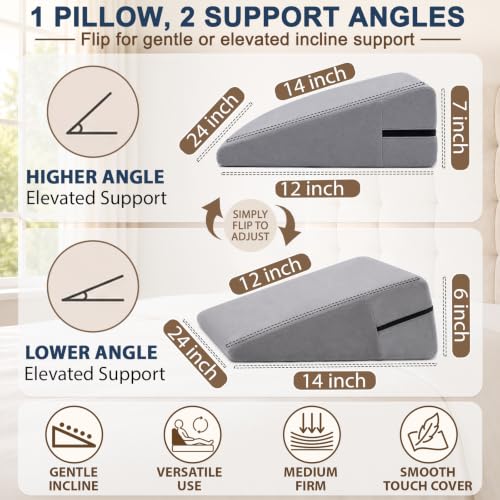 sokoro Bed Wedge Pillow for Sleeping, Small 7 Inch Compact Triangle Wedge Pillow for Acid Reflux, Sleep Apnea & Snoring Relief, Firm Incline for Back Support, Washable Cover (Grey, 24x14x7 in) Grey