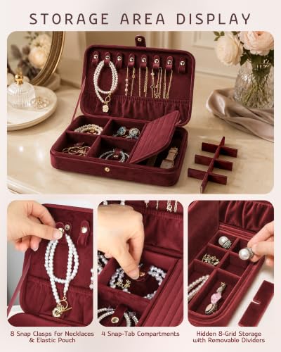 VELORIA Velvet Travel Jewelry Organizer with Hidden Compartment, Dark Red Dark Red Velvet