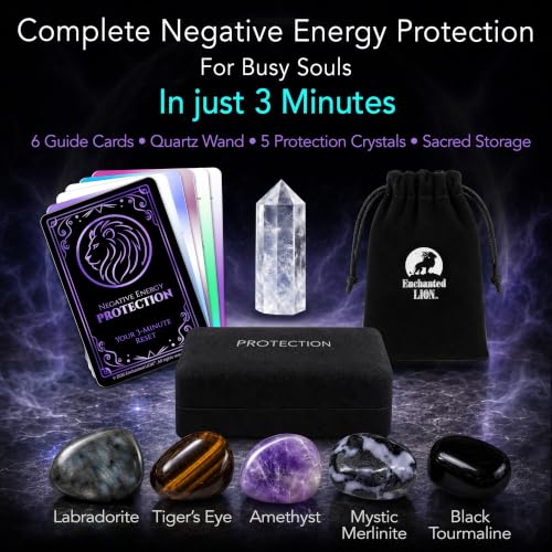 Enchanted LION® Ultra-Premium Ethically Sourced Protection Crystal Set, for Shielding and Peace, Black Tourmaline, Labradorite, Amethyst, Tiger's Eye, Quartz Wand & 3-Minute Ritual Cards + Gift Box