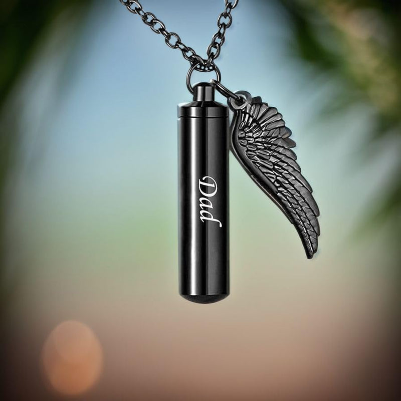 Black Bullet Urn Necklaces for Ashes Angel Wing Charm Cremation Jewelry Stainless Steel Keepsake Memorial Pendant Brother