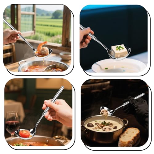 Soup Ladle and Slotted Spoon Set 18/8 Stainless Steel, 9.4" Small Metal Ladle Spoon and Strainer Scoop Gravy Colander, for Hotpot, Buffet, Party, Restaurants, Kitchen, 2-Pack 9.44"-Spoons set 2pcs-Hammered finish