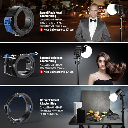 Neewer CRS6 Softbox Diffusion Dome with 3 Adapter Rings, Compatible with Godox V1 Z2PRO Z3R Round Head Flash and Square Speedlite Z880 and More, Mount for Video Light MS60B MS60C MS150B