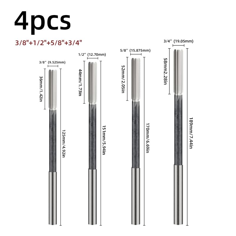 DRINYOUNG H7 straight shank chucking reamer set, 4 carbide machine reamers in 3/8, 1/2, 5/8, and 3/4 inch sizes