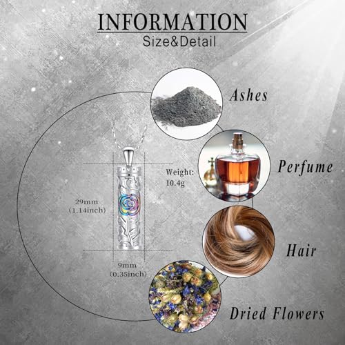 Rose Flower Urn Necklace Cylinder Bar Urn Necklace for Ashes Pendant Necklace Keepsake for Ashes Memory Keepsake Cremation Jewelry for Women Memorial Rainbow