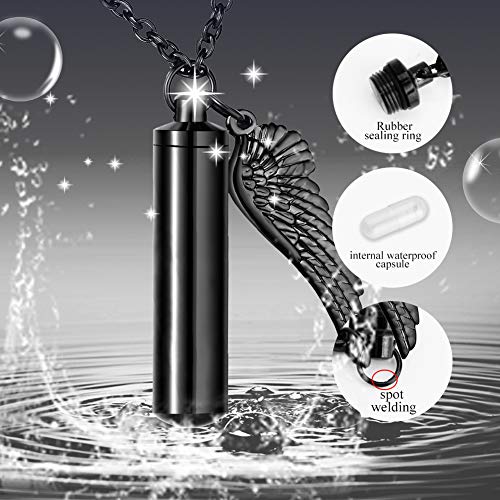 Dletay Cylinder Cremation Urn Necklace for Ashes Memorial Keepsake Pendant with Angel Wing Stainless Steel Remembrance Jewelry non-engraving Black-L