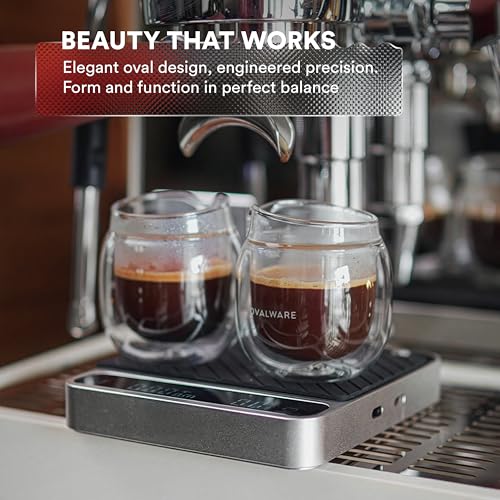 ovalware Espresso Pouring Glass Set of 2 | Double-Wall 2.7oz/80ml Shot Measuring Cup | Heat Protective Comfort | Oval Measurement Dots for Ristretto and Espresso | Drip-Free Precision Spout