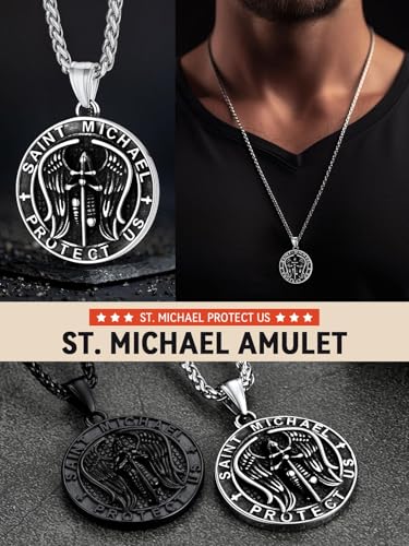 FaithHeart Saint Michael Necklace, Stainless Steel Archangel St Michael Shield/Coin/Dog Tag Pendant Necklaces for Men, Catholic Prayer Jewellery - With Gift Box Coin-Steel