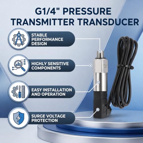Stainless Steel Pressure Transducer, Pressure Sensor Silicon Pressure Transmitter Sensor Water Flow Sensor 4-20mA Output G1/4 Inch for Water Gas Oil (0-1 MPA)